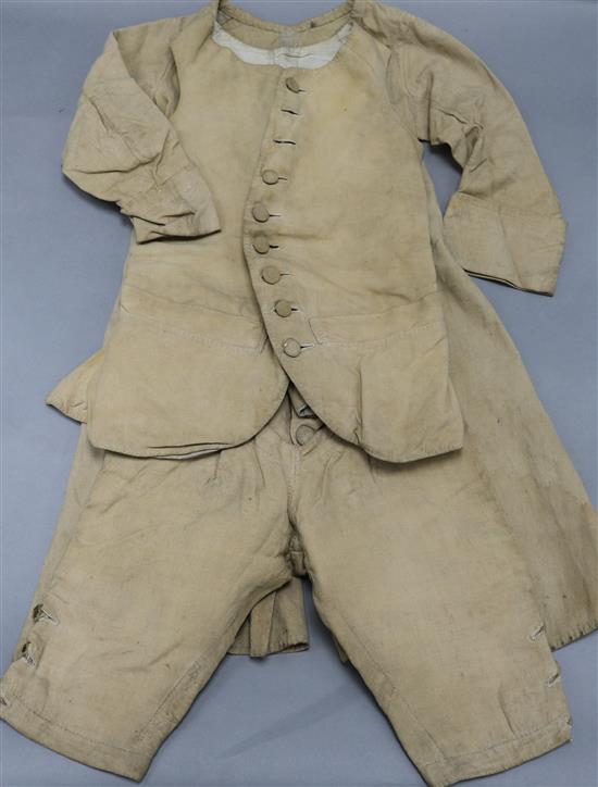 A late 18th century young childs three piece linen riding/carriage suit